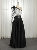 A-Line One-Shoulder Black Long Lace Appliqued Split Prom Dresses with Pockets OKJ11