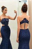 Unique Prom Dresses,Navy Blue Prom Gown,Lace Prom Dress,Mermaid Prom Dress