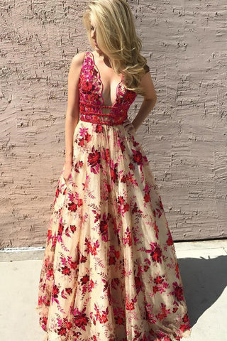 Beautiful Prom Dresses,V neck Prom Gown,Beaded Prom Dress,Floral Prom Dress