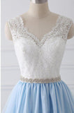 Sky Blue Long V Neck Evening Dresses with Beaded Belt,Lace Top Long Prom Dress OK980