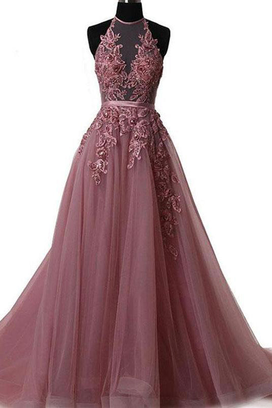 Halter Dusty Red Lace Appliques Tulle A line Long Prom Dress OKA86