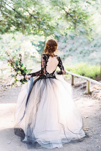 Charming Black Lace Puffy Prom Dresses,Long Sleeves Open Back Tulle Wedding Dress OK794