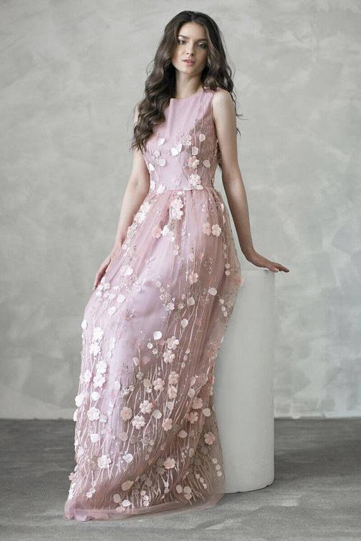 Chic Prom Dresses,A-line Prom Gown,Pink Prom Dress,Flowers Prom Dress