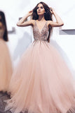 A-Line Prom Dresses,Pearl Pink Prom Gown,Tulle Prom Dress,V Neck Prom Dress,Sequins  Prom Dress