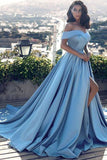 Off-Shoulder Blue Prom Gown with Slit, Long Formal Evening Dress with Sweep Train OKD95