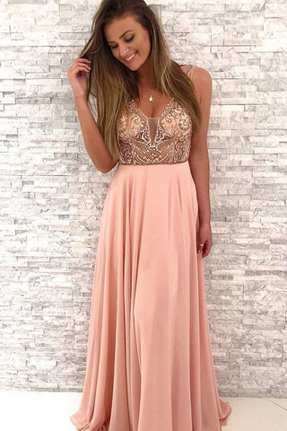Gorgeous Beading V-Neck A Line Blush Pink Chiffon Long Prom Dress OKB19