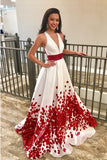 Charming Red Beaded Floral A Line Long Prom Dress with Deep V-Neck OKA85