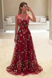 A-Line Bateau Burgundy Floral Lace Long Prom Dress OKH4