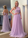 Two Piece Halter Backless Tulle Lavender Prom Dresses with Lace Beading OKI75