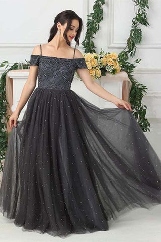 Grey Tulle A Line Beads Long Prom Dresses,Evening Dresses OKE88
