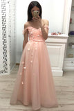 A Line Off the Shoulder Long Prom Dress, Pleats Prom Gown With Flowers OKJ20
