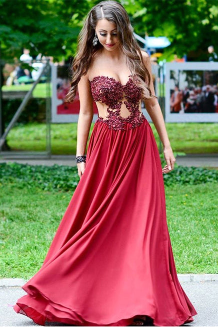 Appliques Beading Strapless Red A Line Chiffon See-through Fashion Prom Dresses OK672