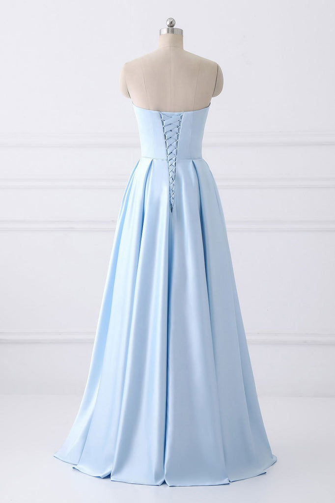 Simple A-line Strapless Long Crystal Light Blue Cheap Prom Dress with Pocket OK669