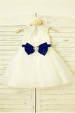 Ivory A-line Scoop Sleeveless Bowknot Floor-Length Tulle Flower Girl Dress With Lace OK710
