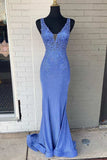 Elegant Periwinkle Plunge V Backless Mermaid Long Formal Gown Blue Prom Dresses OK1758
