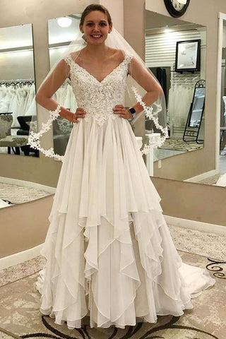 Cheap A-Line V-Neck Chiffon Ivory Wedding Dresses with Lace OKF93