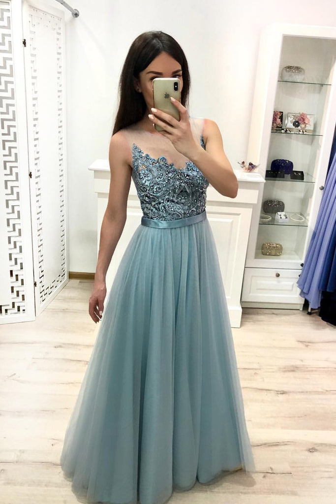 A Line Tulle Floor Length Prom Dress Beaded Long Evening Dress OKJ22