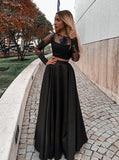 Two Piece Long Sleeve Floor-Length Black Prom Dresses with Lace Appliques OKJ13