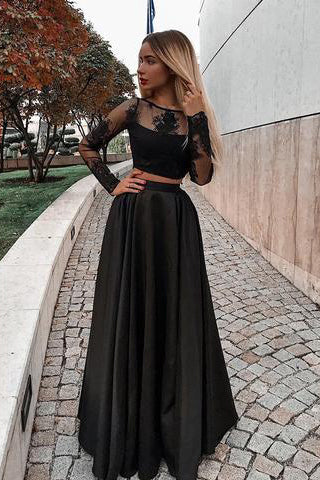 Two Piece Long Sleeve Floor-Length Black Prom Dresses with Lace Appliques OKJ13