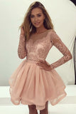A-Line Homecoming Dress,Round Neck Prom Dresses,Long Sleeves Prom Gown,Pink Homecoming Dresses,Organza Homecoming Dress,Short Homecoming Dress with Lace