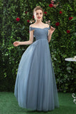 A Line CHiffon Blue Off the Shoulder Prom Dress Long Bridesmaid Dress OKQ78