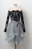 A-Line Black Lace Off Shoulder Homecoming Dresses with Long Sleeves OKE15