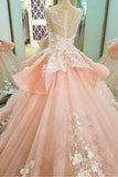 Tulle Lace Scoop Neckline Ball Gown Wedding Dress With Lace Appliques,Quinceanera Dress OK619