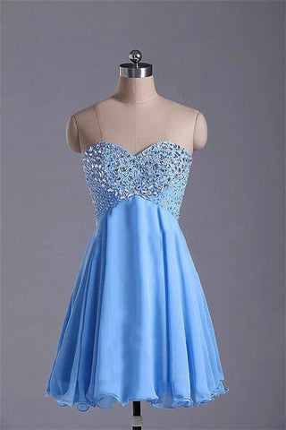 Light Sky Blue Short Sweetheart Beaded High Low Homecoming Dress K228