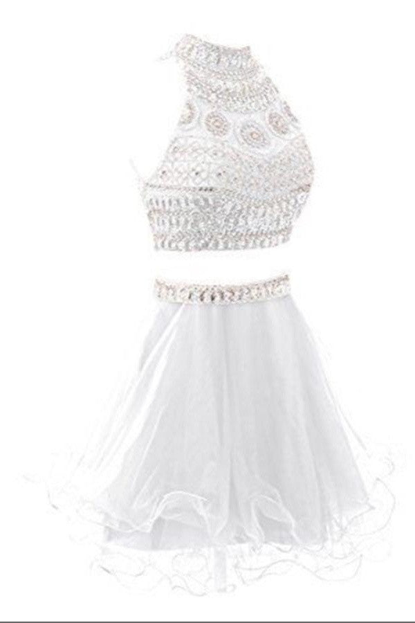 Elegant 2 Pieces Handmade Short White Beaded Homecoming Dress K379