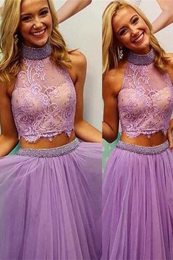 Purple Halter Lace Short Cute Homecoming Cocktail Dress K431