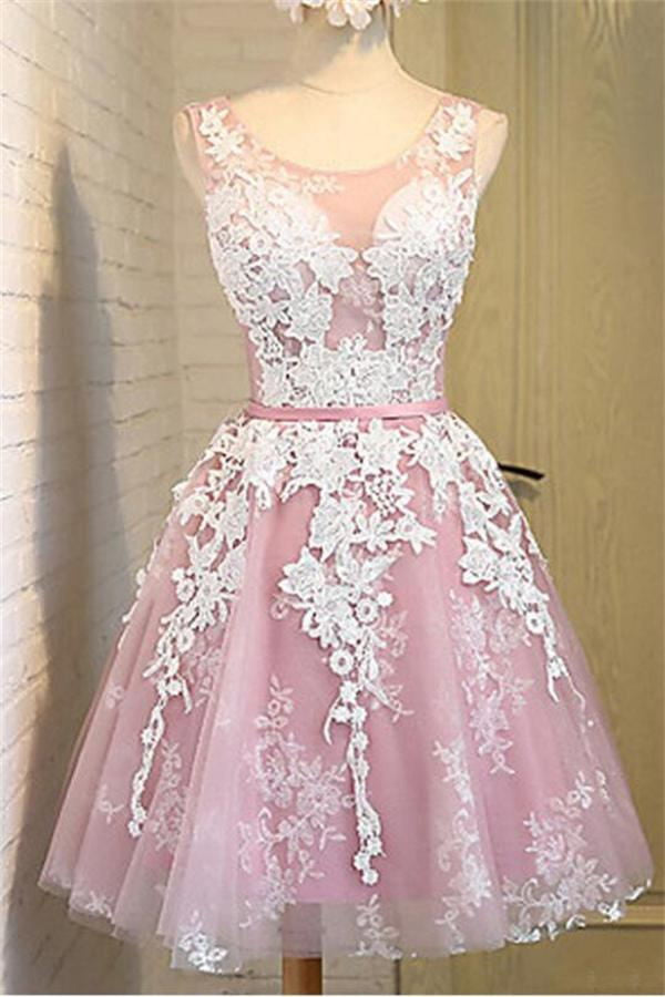 Real Made Lace Tulle A-line Sleeveless Short Homecoming Dresses K437