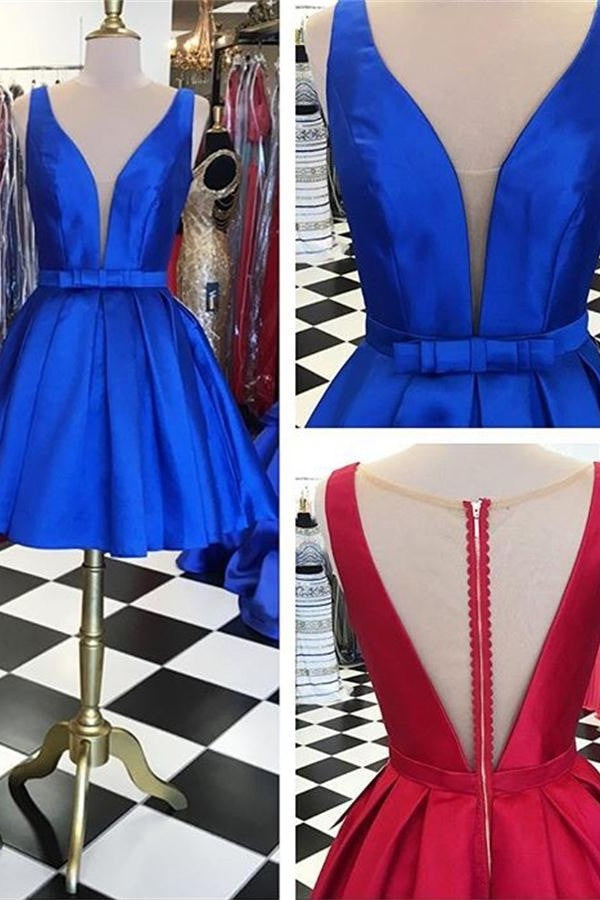 Beautiful Simple Royal Blue Satin V-neck Homecoming Dress K438