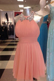 Coral Chiffon Halter Short Beading Backless A-line Homecoming Dresses K453