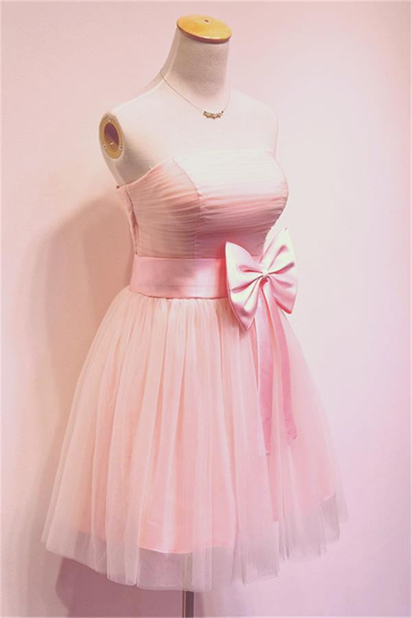 Girly Simple Short Pink Cheap Strapless Homecoming Dress Bridesmaid Dress K484