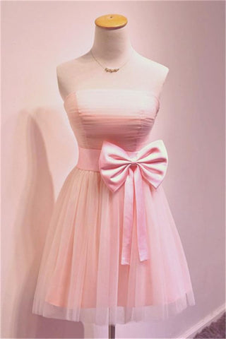 Girly Simple Short Pink Cheap Strapless Homecoming Dress Bridesmaid Dress K484