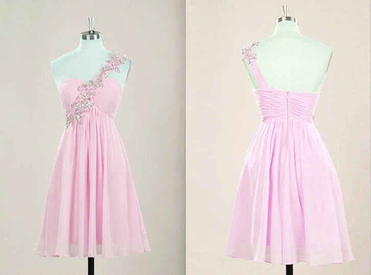 One Shoulder Empire Waist Chiffon Pink Beaded Open Back Homecoming Dress K486