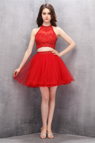 Sparkly Halter Beading Red 2 Pieces A-line Homecoming Dress K587