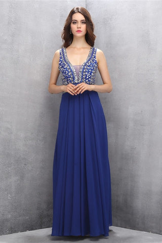 Chiffon Beading Royal Blue V-neck Long Elegant Prom Dress K619