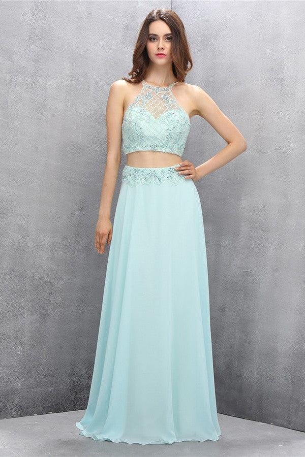 Mint Chiffon Two Pieces Beading Backless Formal Prom Dress K623