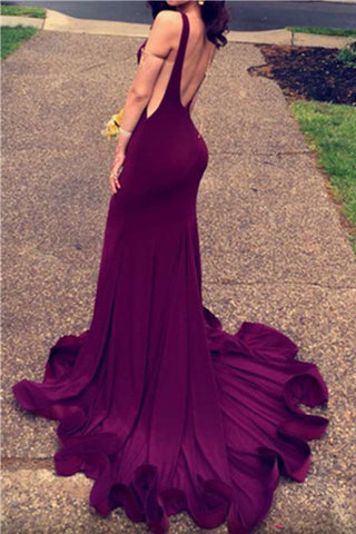 Dark Plum Long Mermaid Open Back Sexy Simple Cheap Prom Dress K652