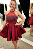 Burgundy Halter Sleeveless Backless A Line Homecoming Dress OKL81