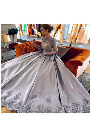 Elegant A-Line Bateau Long Sleeves Grey Satin Prom Dresses with Appliques OKF55