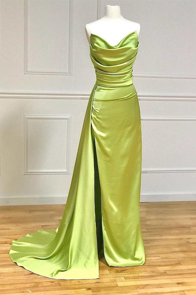 Lime Green A Line Satin Strapless Ruched Long Formal Prom Gown with Slit OK1754