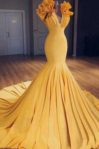 Charming Mermaid V-Neck Sleeveless Yellow Long Prom Dresses with Ruffles OKH3