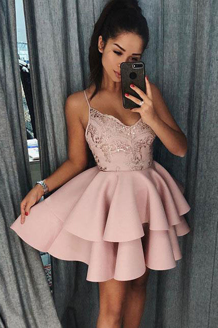 Cute Spaghetti Straps Pink Tiered A Line Short Homecoming Dress OKB16