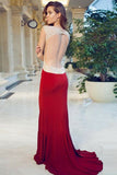 Sheath Red Cap Sleeve Sweetheart Front Slit Long Prom Dress With Rhinestone OK754