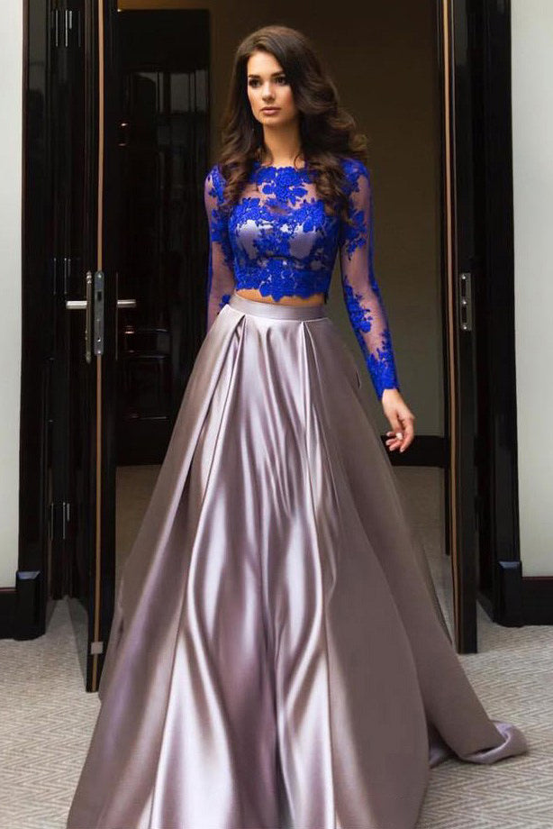 A Line Prom Dresses,Royal Blue Prom Dress,Two Piece Prom Gown,Long Sleeve Evening Dress,Lace Prom Dress