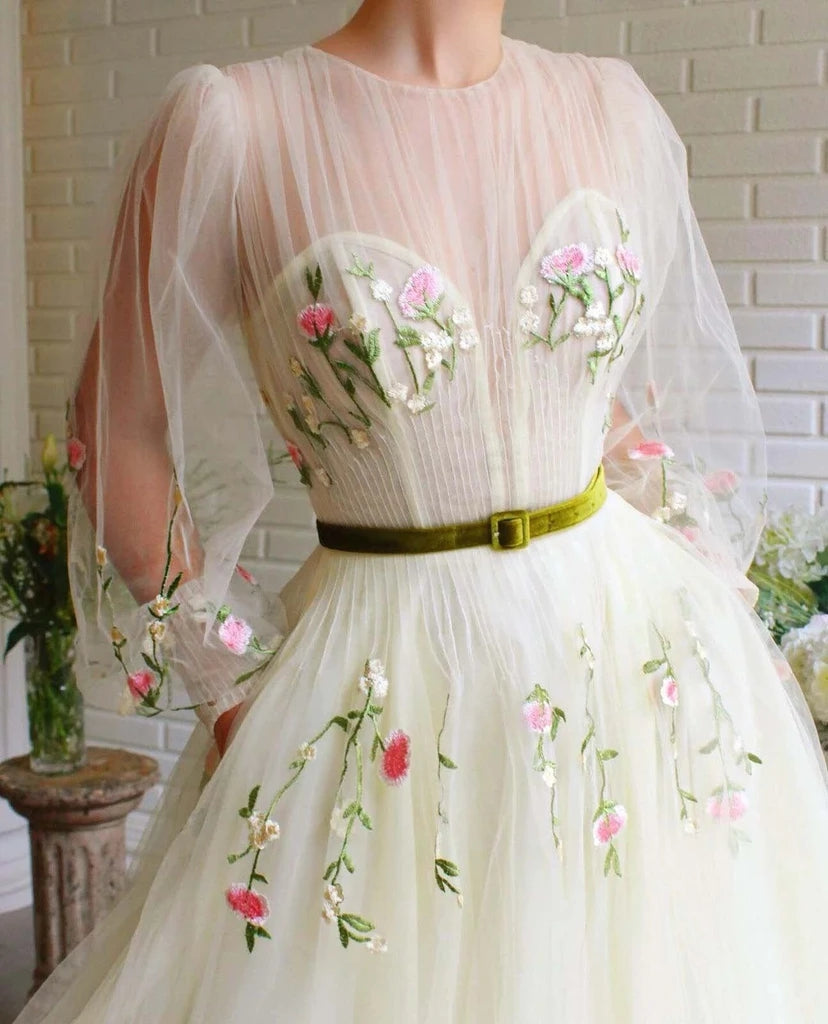 A-line Long Sleeves Tulle Long Prom Dress With Embroidery OKT99