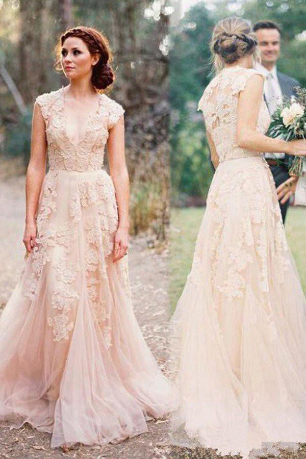 A Line Wedding Dresses,Long Wedding Dress,V-neck Wedding Dresses,Pearl Pink Wedding Gowns,Lace Wedding Dress,Tulle Wedding Dresses