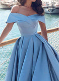 Off-Shoulder Blue Prom Gown with Slit, Long Formal Evening Dress with Sweep Train OKD95